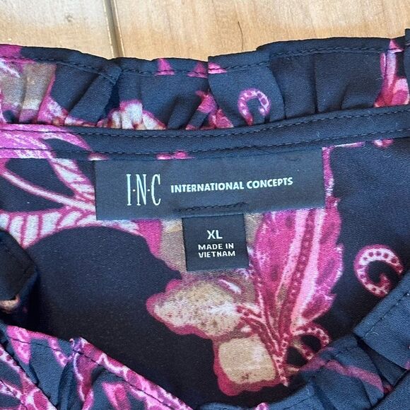 I.N.C. Long Sleeve Sheer Floral Blouse Black/Cranberry Size XL - Picture 6 of 10